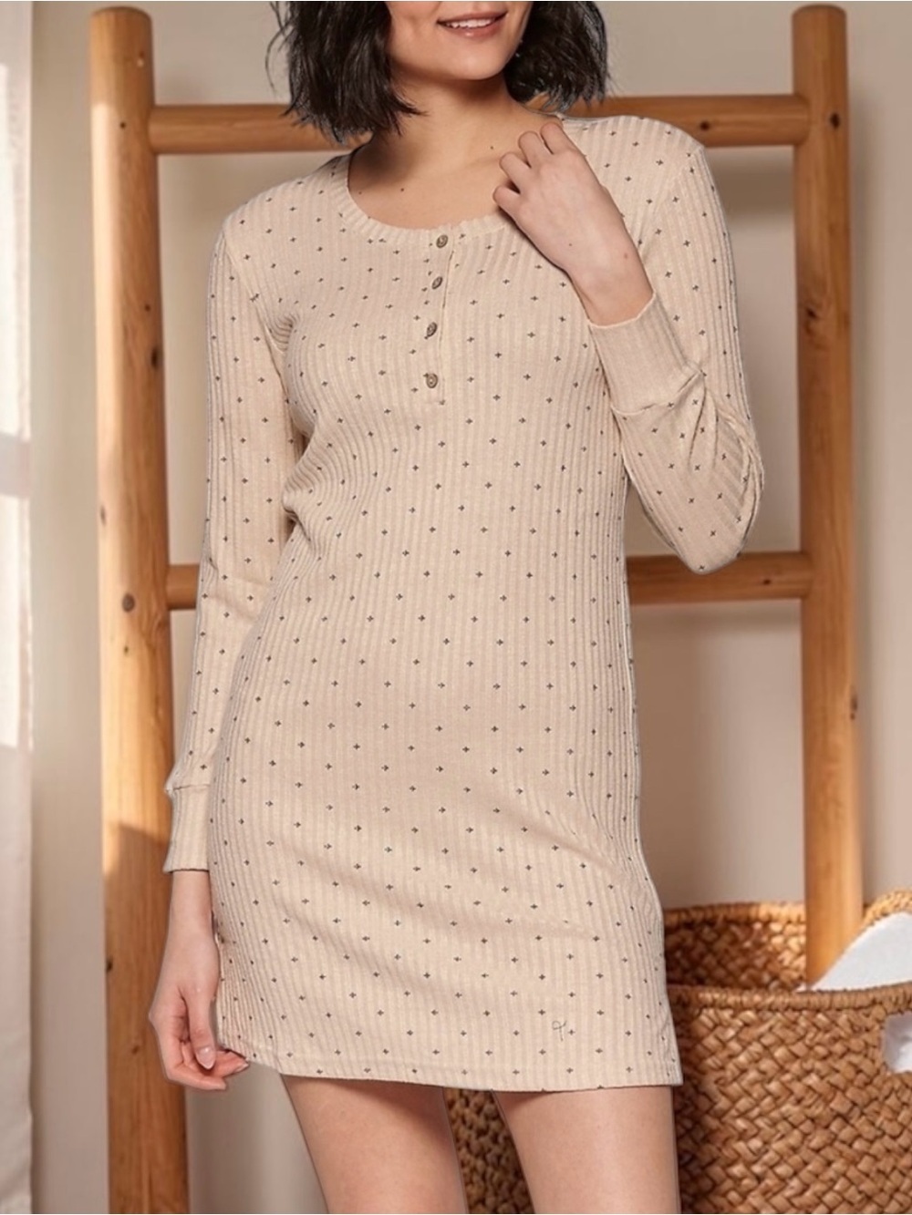 Midnight Maddie Ribbed Henley Sleep Dress, Beige Lounge Knit Nightgown, Medium